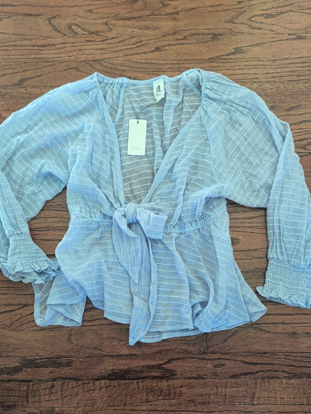 Flawless Women's Medium Periwinkle Powder Blue Sheer Tie Front Blouse, NWT